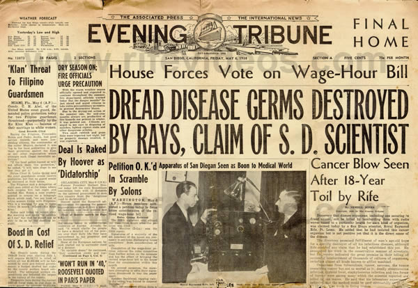 1938 Evening Tribune Front Page about Dr. Rife